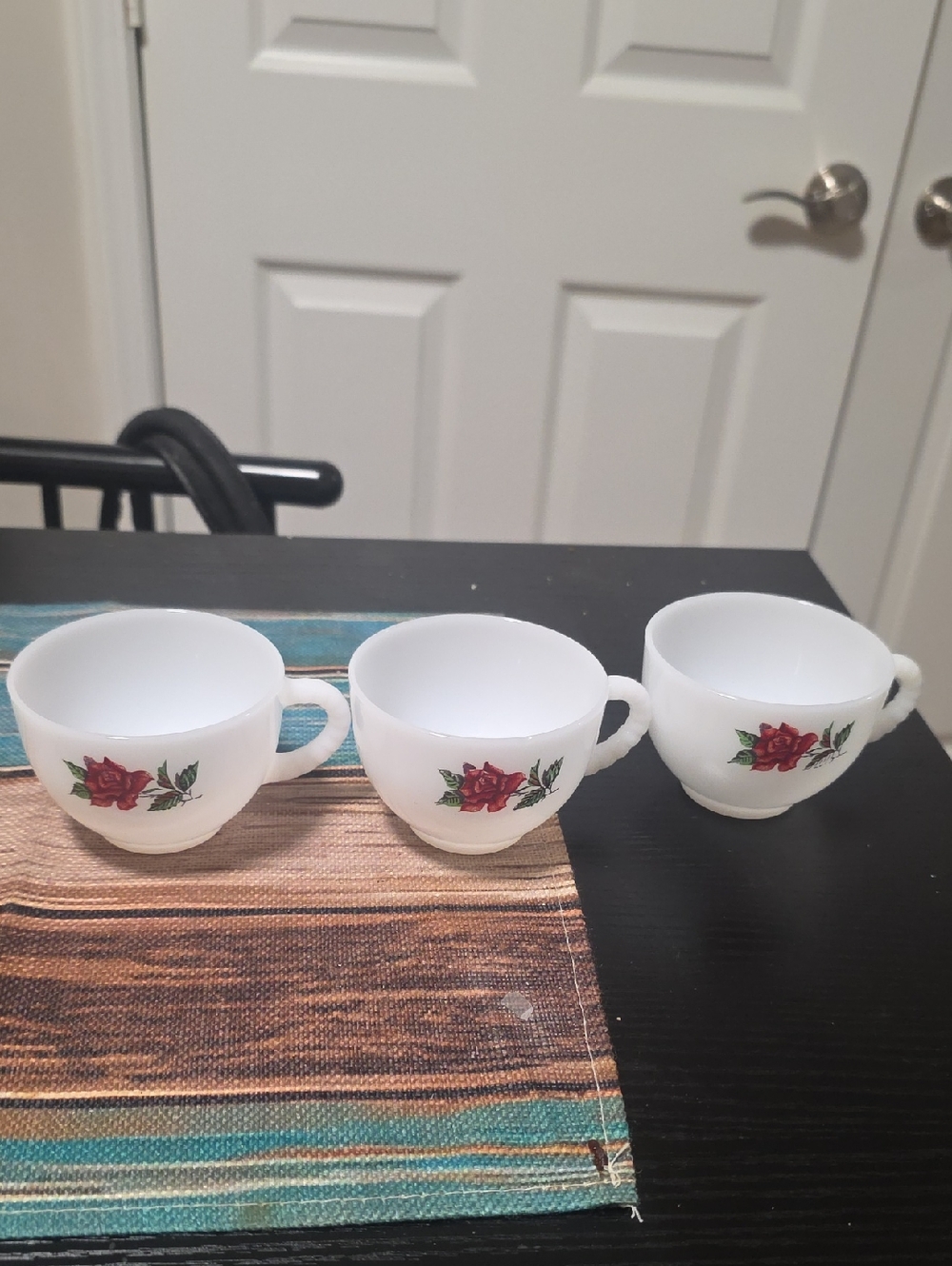 Vintage Federal Glass -Red roses on milk glass 3 Tea Cups Set